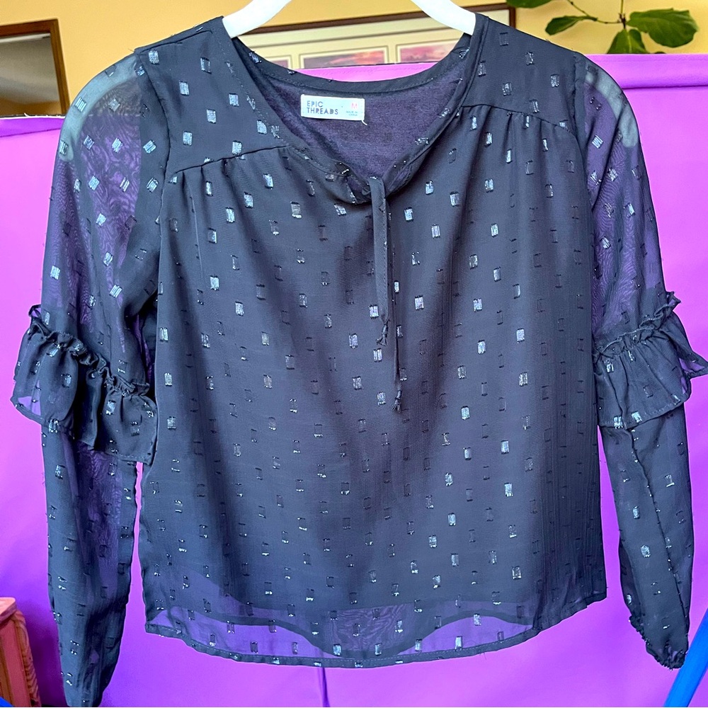 Epic Threads Junior Blouse- Black sheer metallic size- Medium. EUC